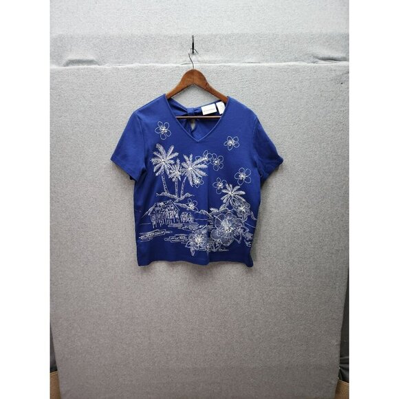 Alfred Dunner Womens Blue Tropical Print Cotton Blend Short Sleeve Top Size M - Picture 1 of 5